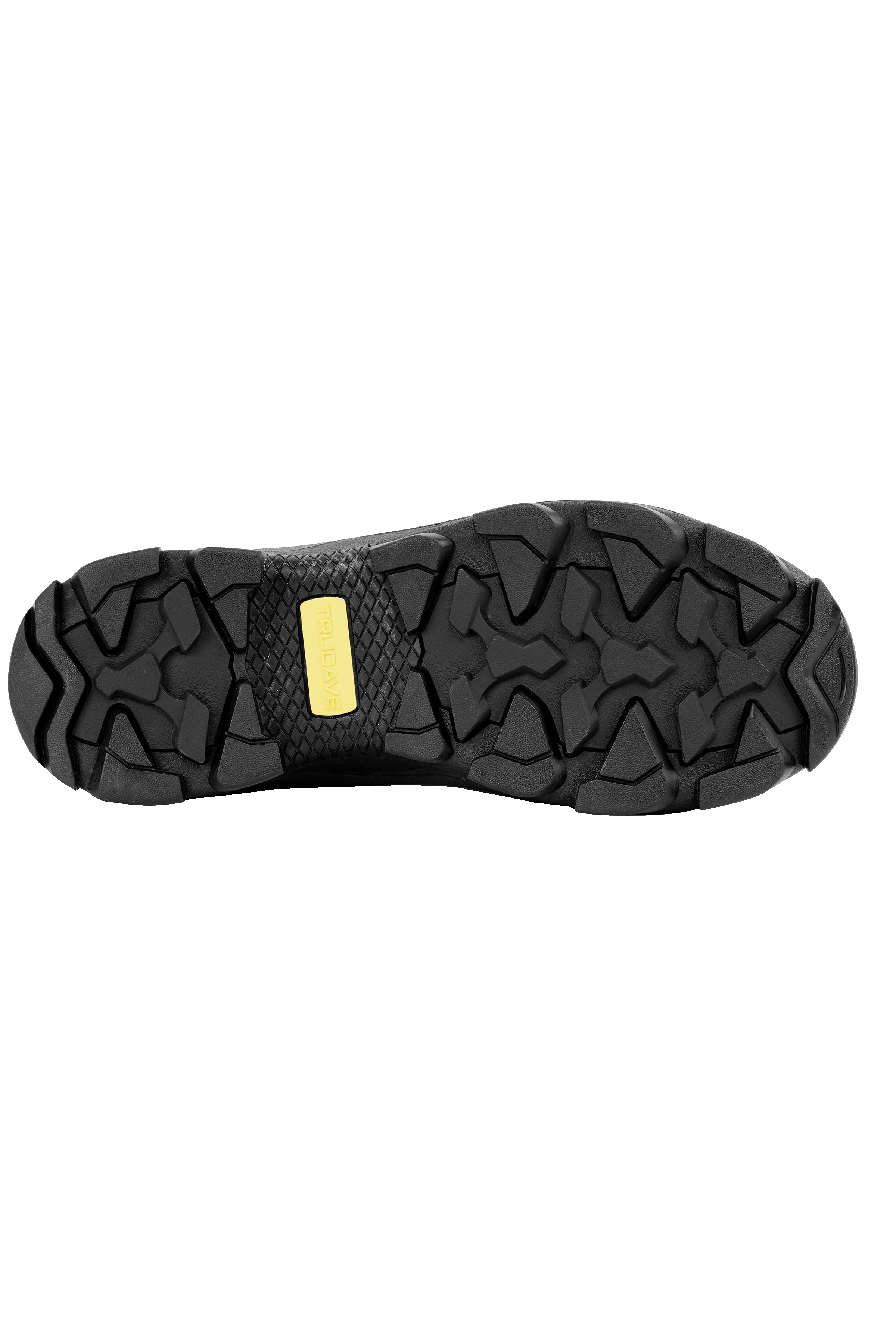 Outsole close-up of Trudave AquaGuard Series men’s mid-calf waterproof rubber rain boots showing deep tread pattern for traction and slip resistance